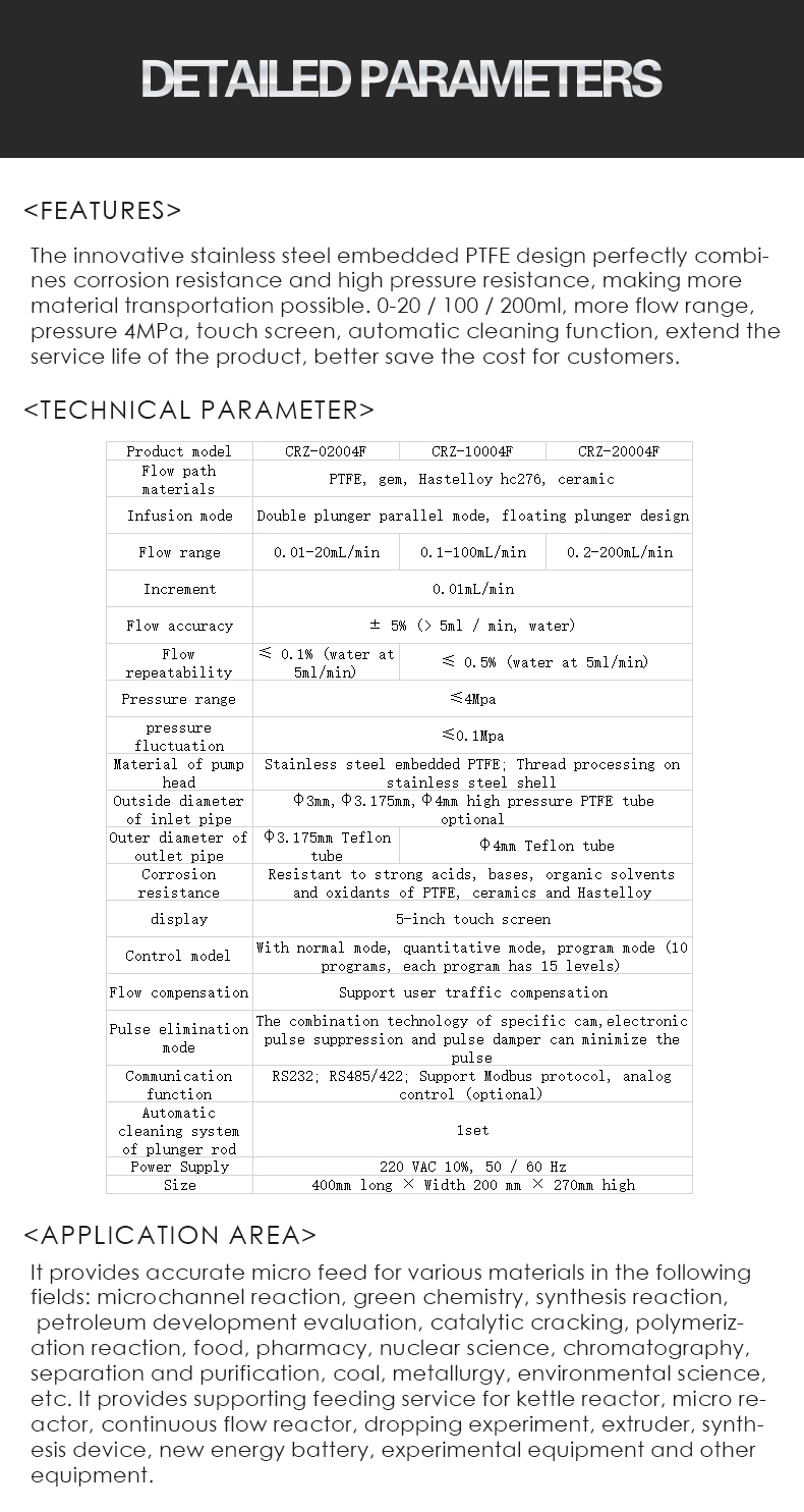 The innovative stainless steel embedded PTFE design perfectly combi- nes corrosion resistance and high pressure resistance, making more  material transportation possible. 0-20 / 100 / 200ml, more flow range,  pressure 4MPa, touch screen, automatic cleaning function, extend the service life of the product, better save the cost for customers. Flow pathmaterialsInfusion modeFlow rangeIncrementFlow accuracy Flow repeatabilityPressure range pressurefluctuationMaterial of pumpheadoutside diameterof inlet pipe Outer diameter of outlet pipe CorrosionresistancedisplayControl modelFlow compensation Pulse elimination mode Communication functionutomaticcleaning systemof plunger rodPower supply