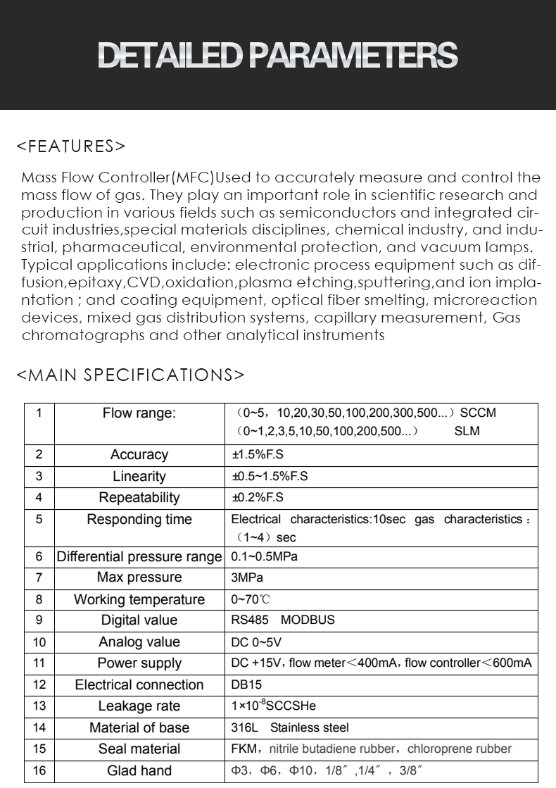 Mass Flow Controller(MFC)Used to accurately measure and control the mass flow of gas. They play an important role in scientific research and production in various fields such as semiconductors and integrated cir- cuit industries,special materials disciplines, chemical industry, and indu- strial, pharmaceutical, environmental protection, and vacuum lamps. Typical applications include: electronic process equipment such as dif- fusion,epitaxy,CVD,oxidation,plasma etching,sputtering,and ion impla- ntation ; and coating equipment, optical fiber smelting, microreaction devices, mixed gas distribution systems, capillary measurement, Gas  chromatographs and other analytical instruments