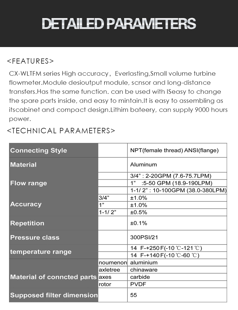 CX-WLTFM series High accuracy，Everlasting,Small volume turbine  flowmeter.Module desioutput module, scnsor and long-distance  transfers.Has the same function. can be used with ISeasy to change  the spare parts inside, and easy to mintain.It is easy to assembling as  itscabinet and compact design.Lithim bateery, can supply 9000 hours  power.