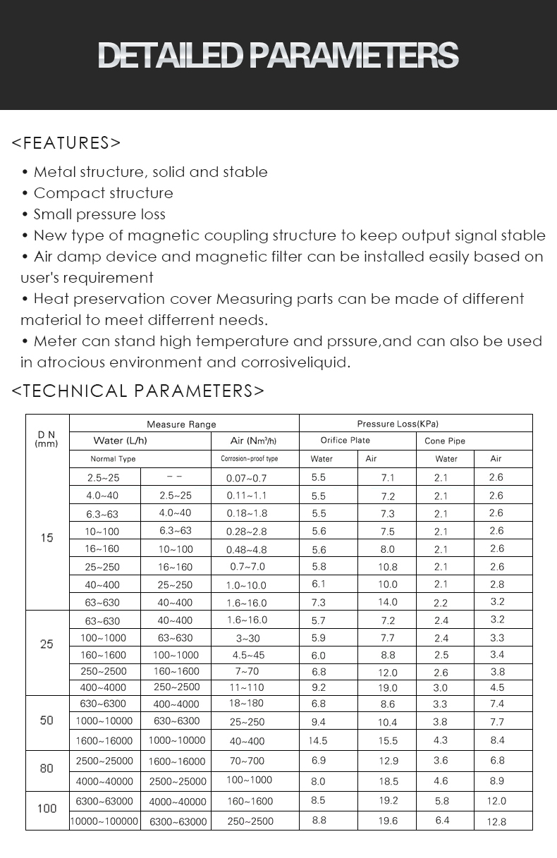 • Metal structure, solid and stable • Compact structure • Small pressure loss • New type of magnetic coupling structure to keep output signal stable • Air damp device and magnetic filter can be installed easily based on  user's requirement • Heat preservation cover Measuring parts can be made of different  material to meet differrent needs. • Meter can stand high temperature and prssure,and can also be used  in atrocious environment and corrosiveliquid.